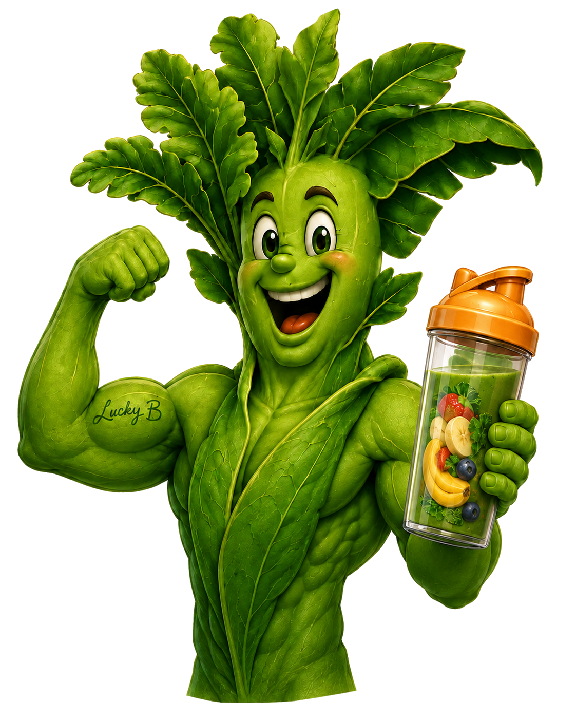 Lucky B, the plant-powered brand mascot, flexing one arm and holding a fruit shake